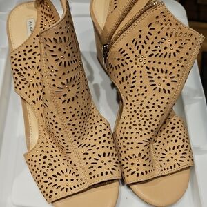Alex Marie Beige Laser-Cut Wedge Sandals